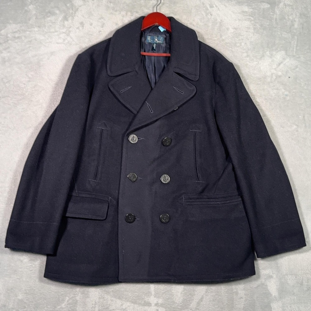 Polo Ralph Lauren Coat Mens 2XL Blue Wool Pea Coat Lined Button Front *FLAW